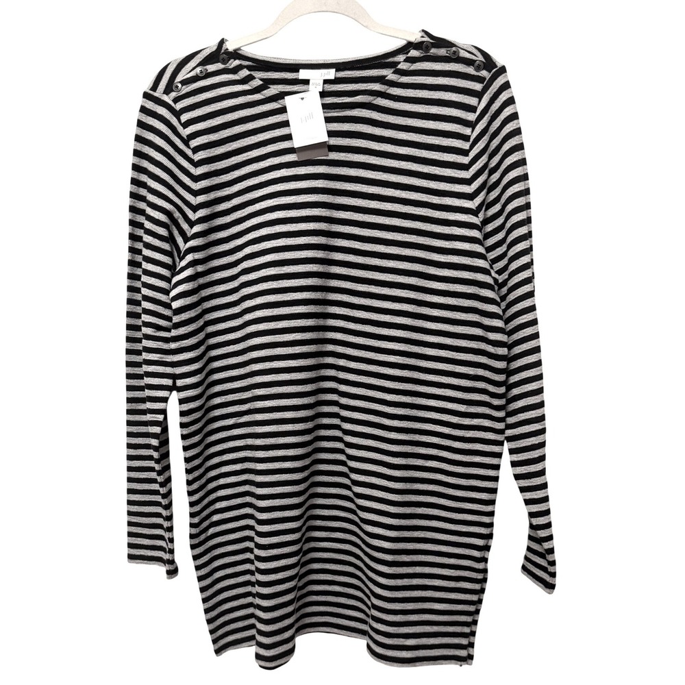 J. Jill NWT Black Gray Striped Long Sleeve Button Shoulder Knit Top Medium Gift